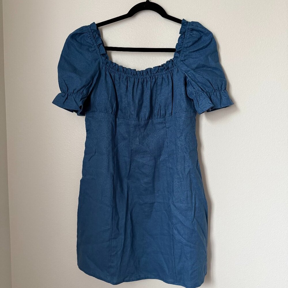 NWT Reformation Robles Blue Puff Sleeve Linen Dress